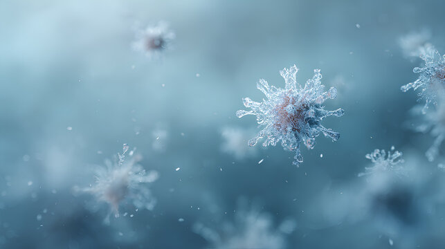 Title
Winter virus particles drifting in cool blue mist with icy gradient background showcasing seasonal illness awareness and healthcare prevention concept
