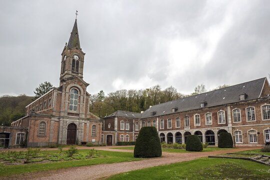 Former Aulne Abbey, Abbay d'Aulne, with Saint Joseph Church near Thuin, Hainaut Province, Belgium
