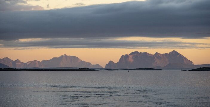 Sea and rocky mountain range, at sunset, Bod&oslash;, Nordland, Norway