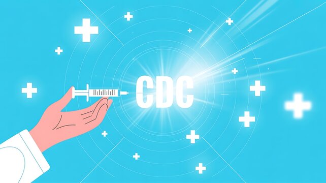 Hand holding syringe pointing at C D C with medical symbols on blue background needle