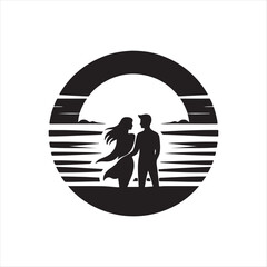 sunset couple vector silhouette line art logo concept illustration