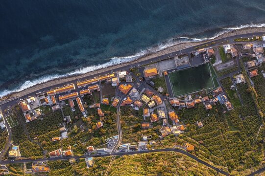 View of the village from above, aerial view, coast and houses, Paul do Mar, Madeira, Portugal