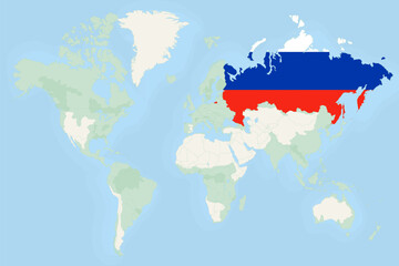Russia Highlighted on World Map with National Flag. Russia Map and Flag.