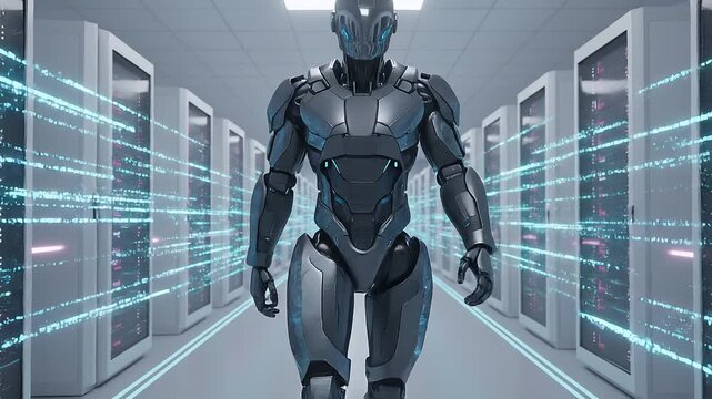 Autonomous humanoid robot walking in a futuristic AI data center