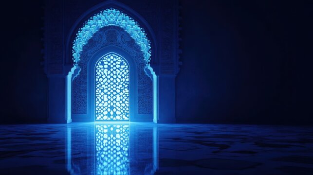 Illuminated archway with intricate geometric patterns casting a blue glow in a dark, serene space