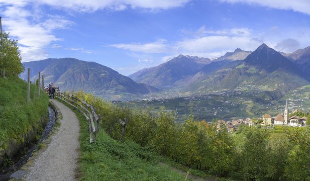 View from the Schenner Waalweg to the church of St.Georgen, Schenna, South Tyrol, Italy