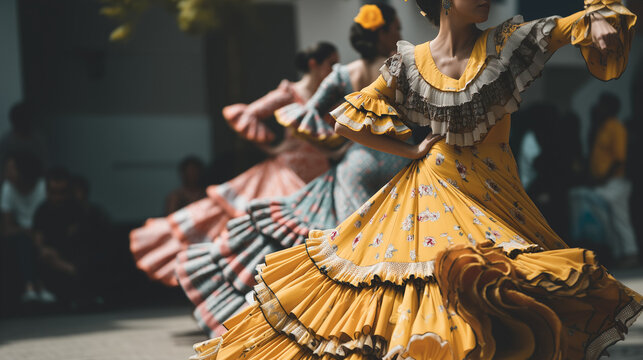 Feria de Malaga, Dynamic Flamenco Dancer Twirling Yellow Polka Dot Dress at Feria de M&aacute;laga Night Event