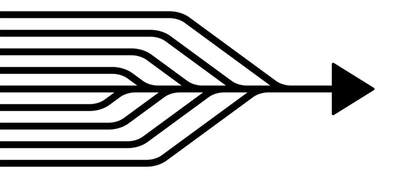 Abstract convergence arrow with parallel black lines merging into unified direction, symbolizing teamwork, strategy, focus, and modern design for science and art concepts.
