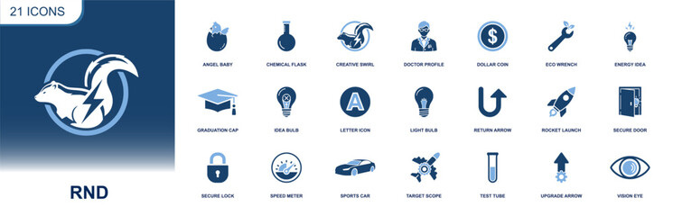 Obraz premium R&D icon set. Containing chemical flask, test tube, idea bulb, creative swirl, target scope, rocket launch, upgrade arrow, eco wrench and more. Solid fill vector icons collection.