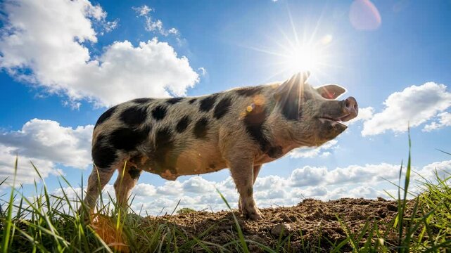 Spotted pig stands proudly on a dirt mound against a bright sun and blue sky, symbolizing sustainable agriculture, happy animal welfare and organic free range farming rural life