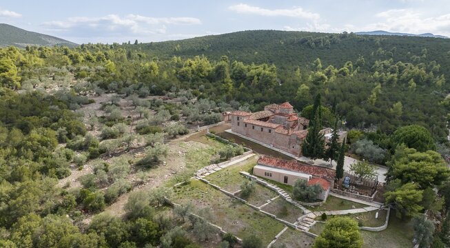 Aerial view, Moni Agnountos Monastery, Peloponnese, Greece