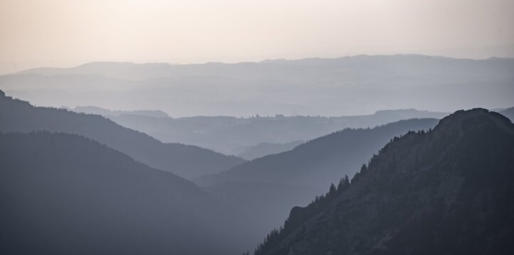 Mountain silhouettes, Dramatic mountains in the Allg&auml;u Alps with snow, Tyrol, Austria