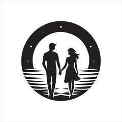 sunset couple vector silhouette line art logo concept illustration