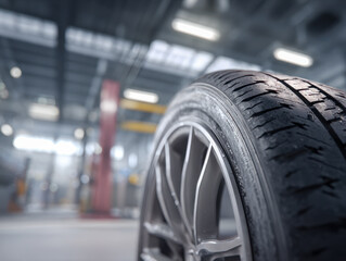 Close-up of a worn car tire with detailed tread and alloy wheel setup inside a modern automotive workshop facility with blurred background lighting