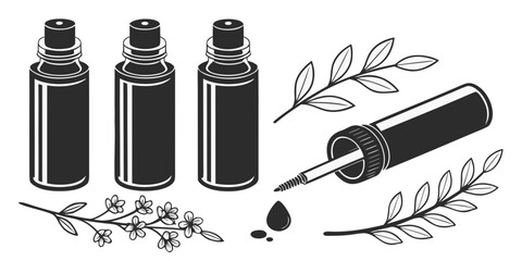 Three bottles of essential oils with a dropper and eucalyptus leaves. Vector © Sa