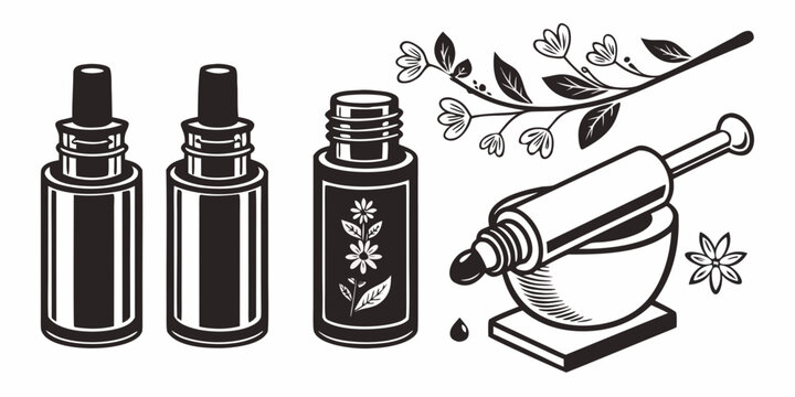 A collection of perfume bottles and a perfume atomizer on a table Vector