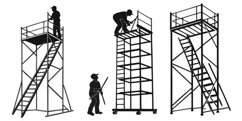 Three individuals working with ladders and scaffolding in a construction environment Vector © Sa