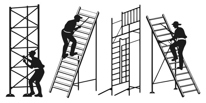 Four individuals climbing different types of ladders in a row. Vector