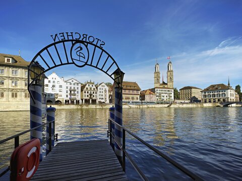 Jetty Hotel Storchen, river Limmat, Limmatquai with town hall on the left, guild house Zum R&uuml;den, twin towers of the Grossm&uuml;nster in the old town of Zurich, Canton Zurich, Switzerland