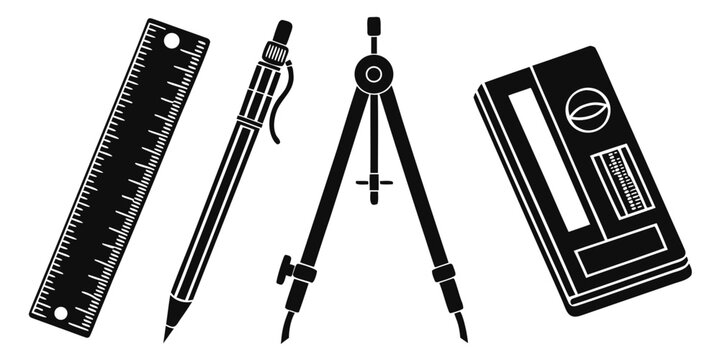 A collection of drafting tools including a ruler, pencil, compass, and set square Vector