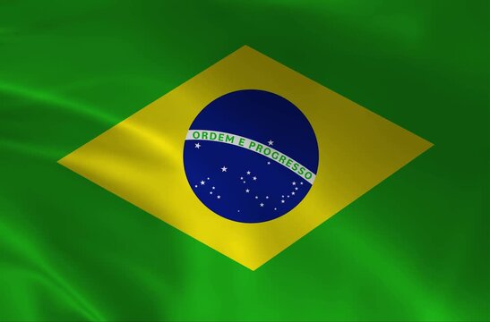 The national flag of Brazil, featuring a yellow rhombus on a green field with a blue celestial globe, waving smoothly in a seamless loop