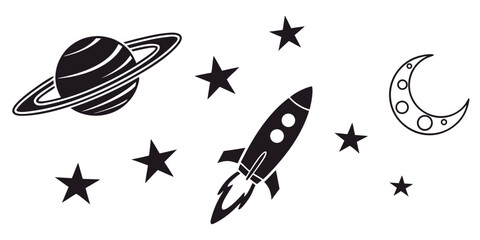 A whimsical space scene featuring a rocket, planets, stars, and a crescent moon. Vector © Sa