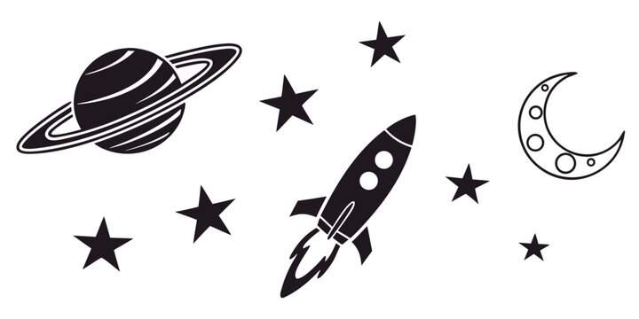 A whimsical space scene featuring a rocket, planets, stars, and a crescent moon. Vector
