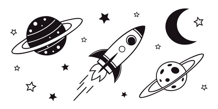A whimsical illustration of a rocket ship, planets, and stars in outer space Vector