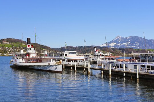 Steamship fleet from Lake Lucerne in the shipyard of Lucerne, Canton Lucerne, Switzerland