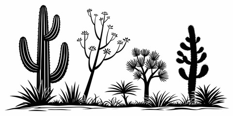 A serene desert landscape with various cacti and plants under a clear sky Vector © Sa