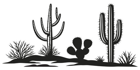 Three tall cacti and a small cactus in a desert landscape with a moon in the background Vector © Sa