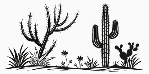 A serene desert landscape with various cacti and flowering plants. Vector © Sa