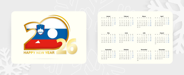 Horizontal Pocket Calendar 2026 in Slovenian language. New Year 2026 icon with flag of Slovenia.