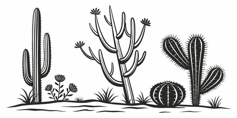 A diverse collection of cacti and succulents in a desert landscape Vector © Sa