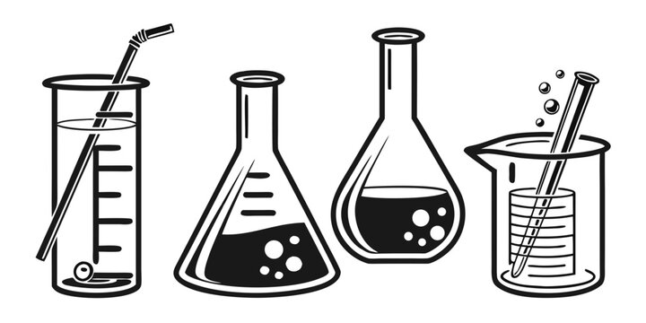 An assortment of laboratory glassware used for scientific experiments and measurements. Vector