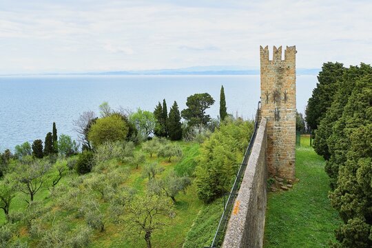 Old city wall overlooking the sea, Piran, Adriatic coast, Slovenia
