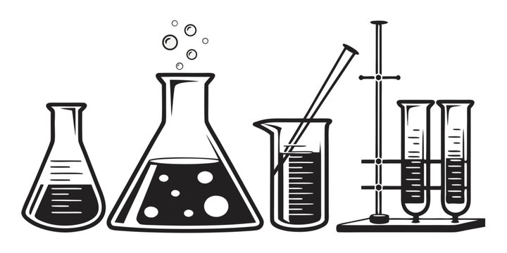 Laboratory equipment including beakers, flasks, and a bunsen burner Vector