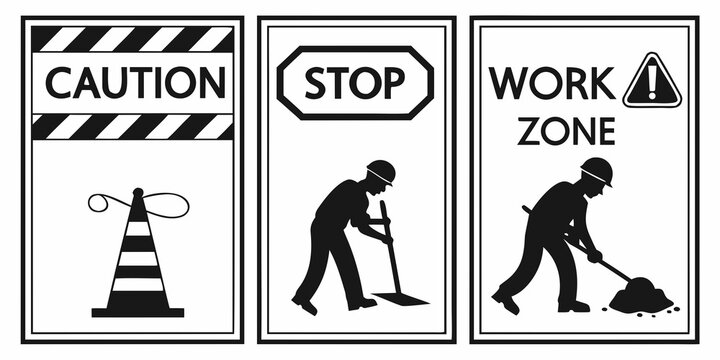 Three road signs indicating caution, stop, and work zone for safety awareness Vector