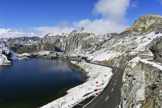 Freshly snow-covered Great Saint Bernard Pass with view from Switzerland to the Italian side, Canton Valais, Switzerland