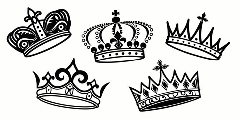 A collection of various crowns and tiaras displayed in a row. Vector © Sa