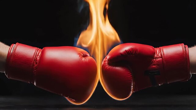 Two boxing gloves about to collide with flames in between on a dark stage