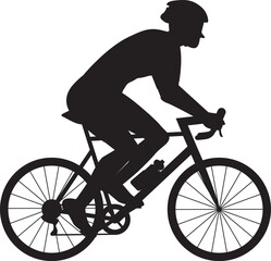 Naklejka premium Cyclist with helmet and sunglasses riding a bicycle. Black silhouette flat design. Hand drawn vector illustration.