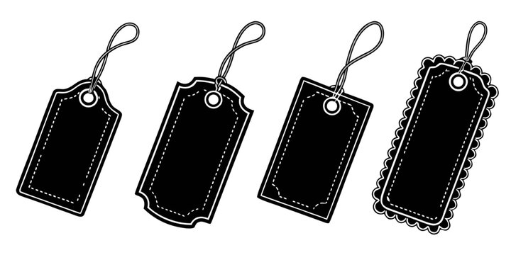 Four black tags with white string attachments hanging from the top Vector