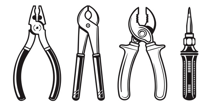 A variety of pliers and wire cutters displayed in a row. Vector