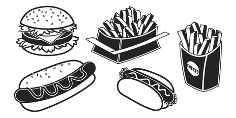 Assorted fast food items including hot dogs, fries, and burgers Vector
