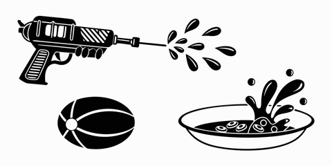 A black and white illustration of a gun shooting at a watermelon slice in a bowl. Vector © Sa