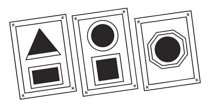 Three frames each containing a different geometric shape within a circle. Vector