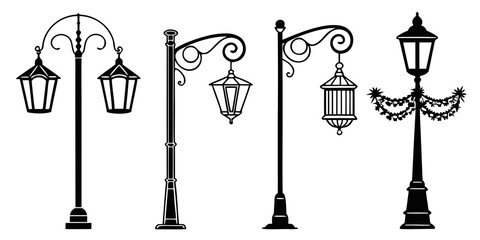 Four vintage style street lamps with intricate designs and hanging lanterns. Vector © Sa