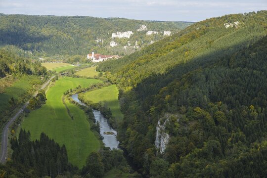 Panorama from Knopfmacherfelsen into the upper Danube valley, Beuron Monastery in the background, Swabian Alb, Baden-W&uuml;rttemberg, Germany