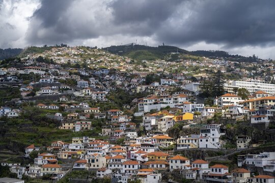 View of the city houses, cable car to Monte, Funchal, Madeira, Portugal